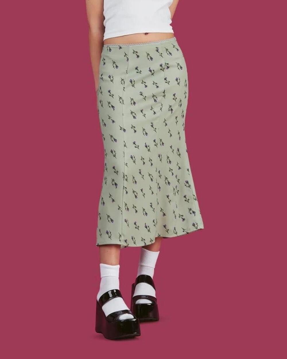 UNIF Wist Skirt Sage Green Midi Tulip Skirt Lavender Floral Print Size S